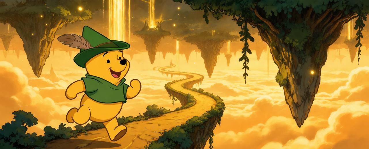 Pooh running along the golden road