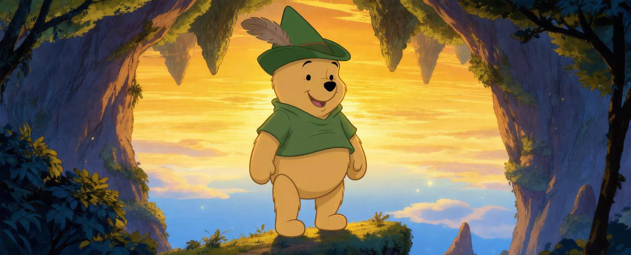 Pooh dressed as Robin Hood at the edge of the golden forest