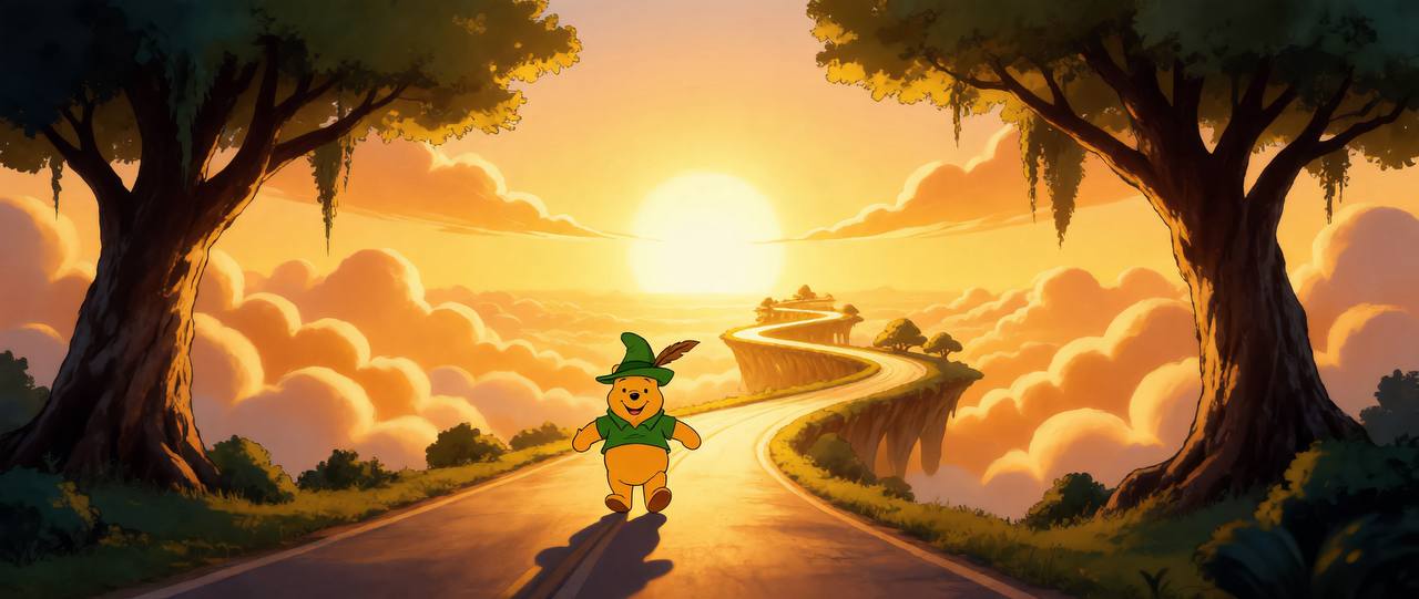 Pooh walking down the road at sunset